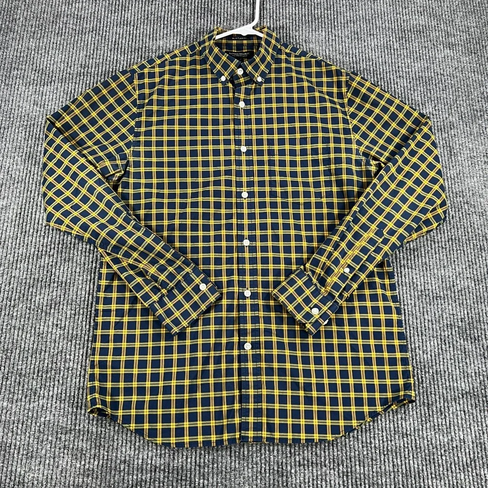 Banana Republic Shirt Mens Medium Blue Gold Check Long Sleeve Button Down